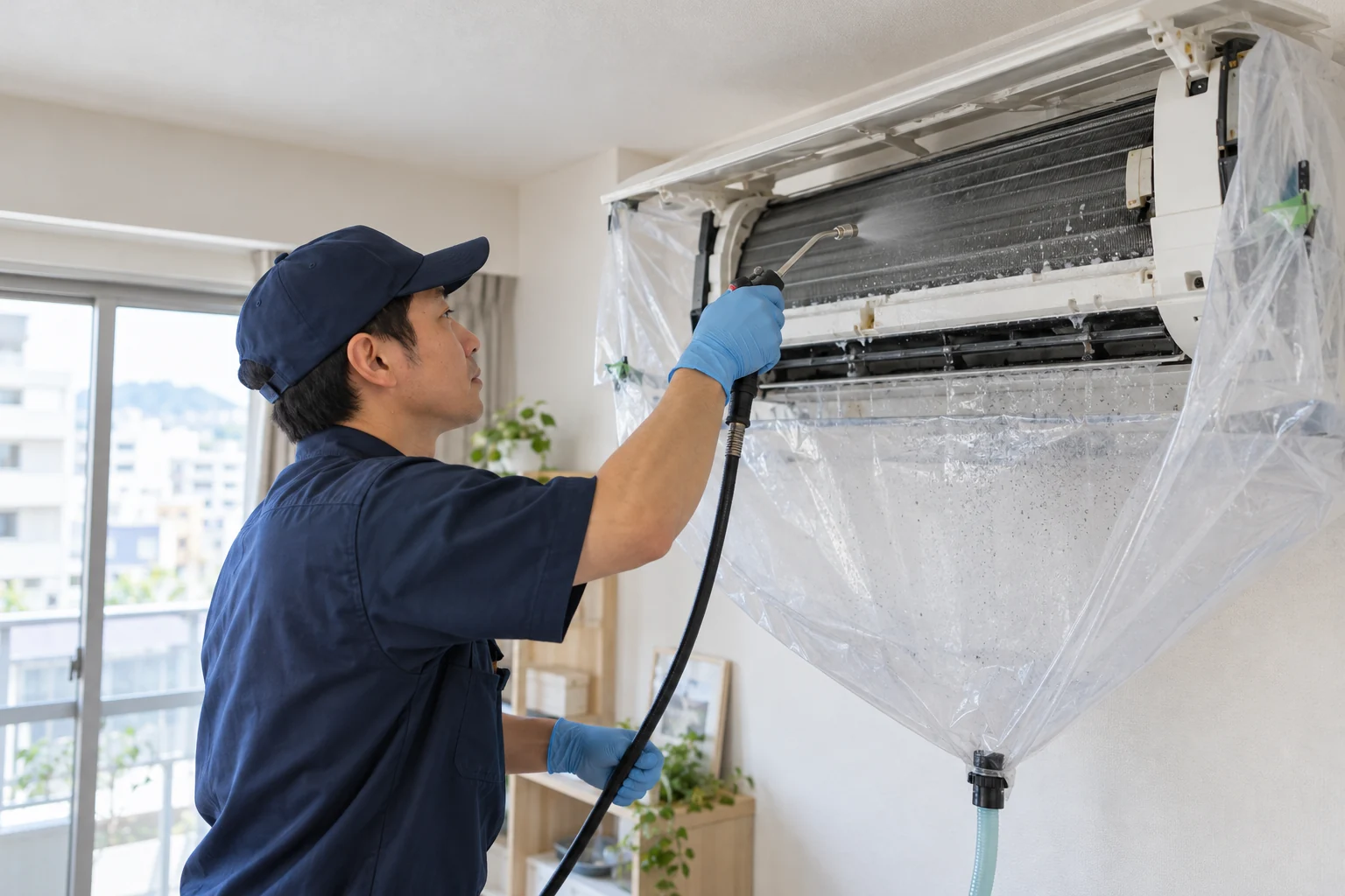壁掛けエアコンを丁寧に清掃する作業イメージ