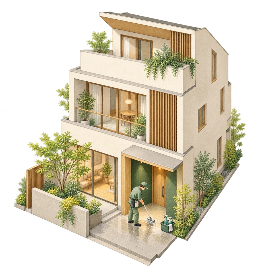 建物のエントランスを清掃する様子を描いたイラスト