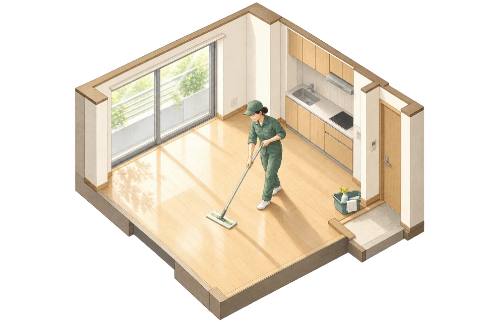 部屋の床を清掃する様子を描いたイラスト